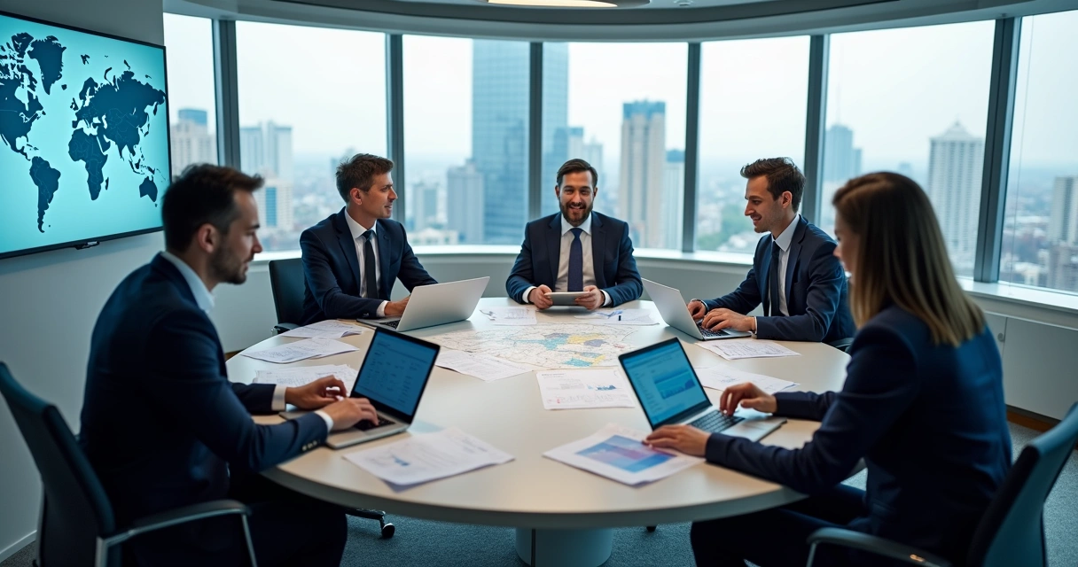 Executivos de diferentes países em mesa redonda com materiais de negociação 
