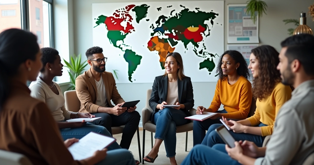 Grupo de pessoas de diferentes culturas em círculo, dialogando ativamente 