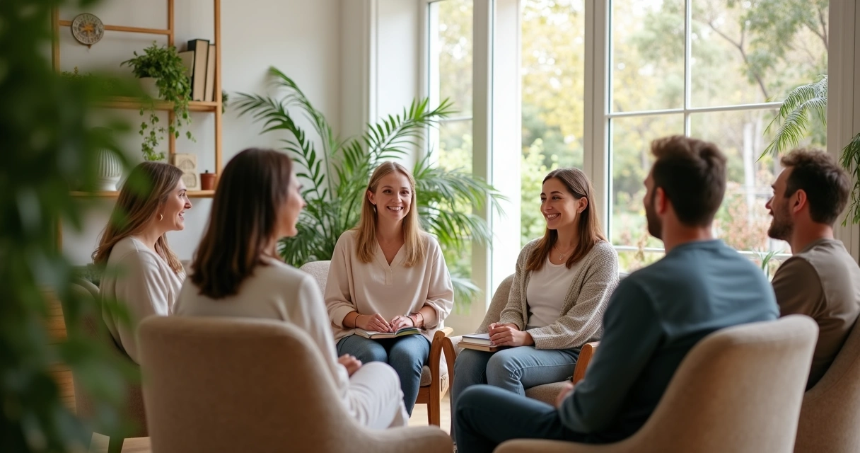 Grupo de pessoas conversando em círculo, expressão serena 