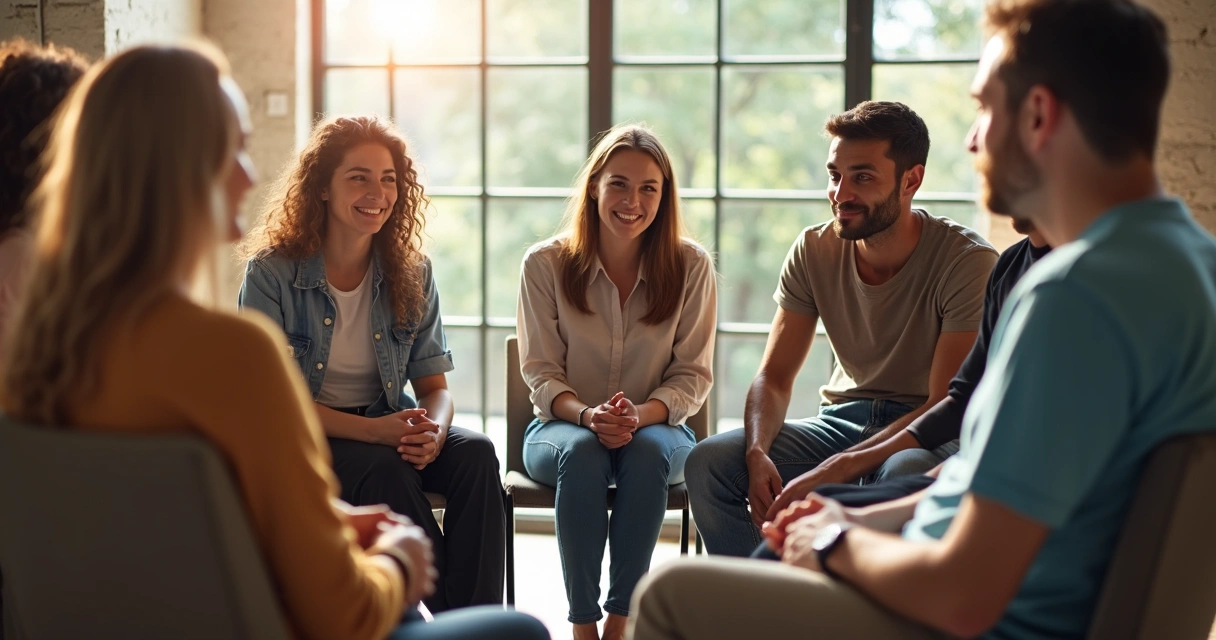 Grupo de pessoas conversando em ambiente iluminado, trocando ideias de maneira respeitosa
