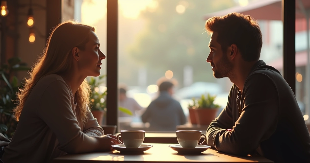 Dos personas conversando abiertamente en un café