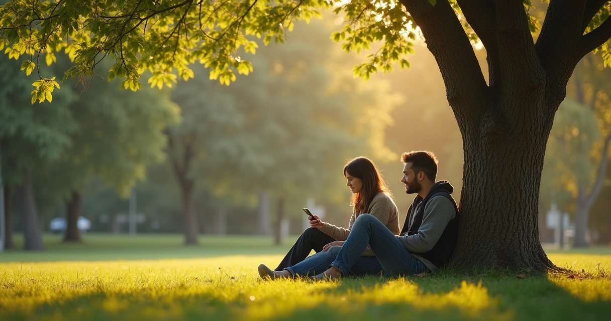 Dois amigos conversando sob uma árvore, um olhando atento ao outro com expressão empática. 