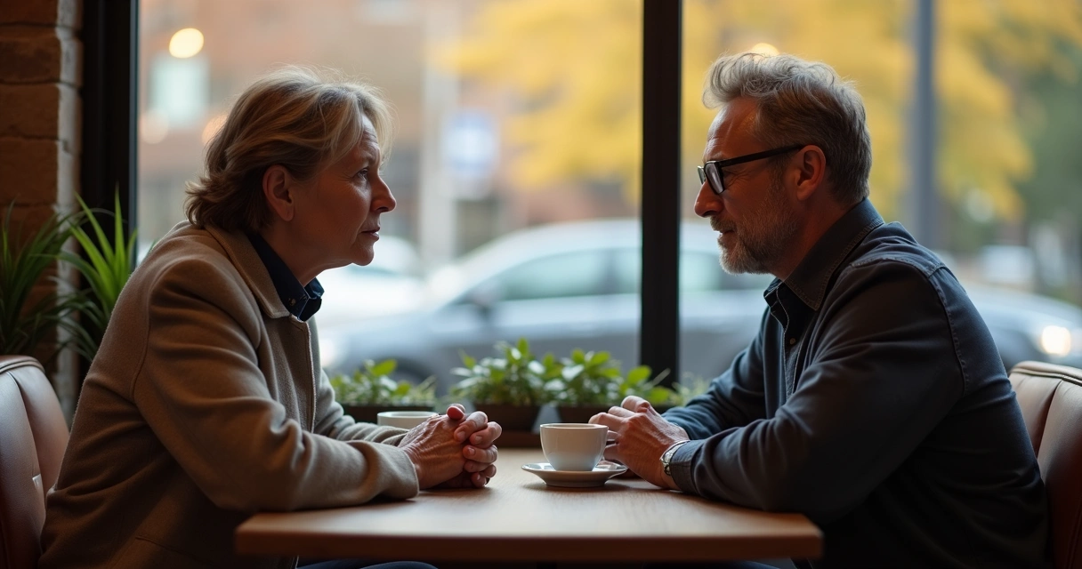 Dos personas conversando de frente en una cafetería, expresiones abiertas y honestas. 