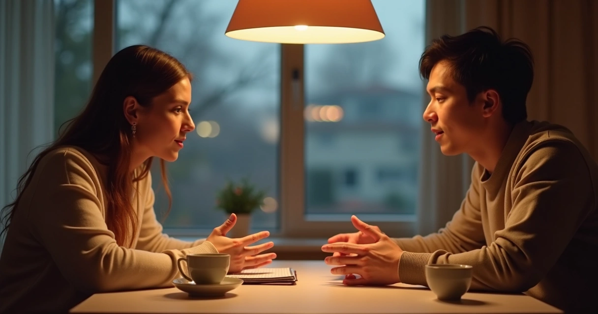 Duas pessoas conversando com calma à mesa de casa 