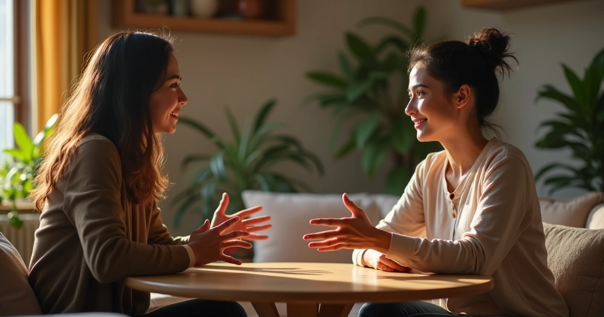 Duas pessoas conversando em ambiente tranquilo e acolhedor 