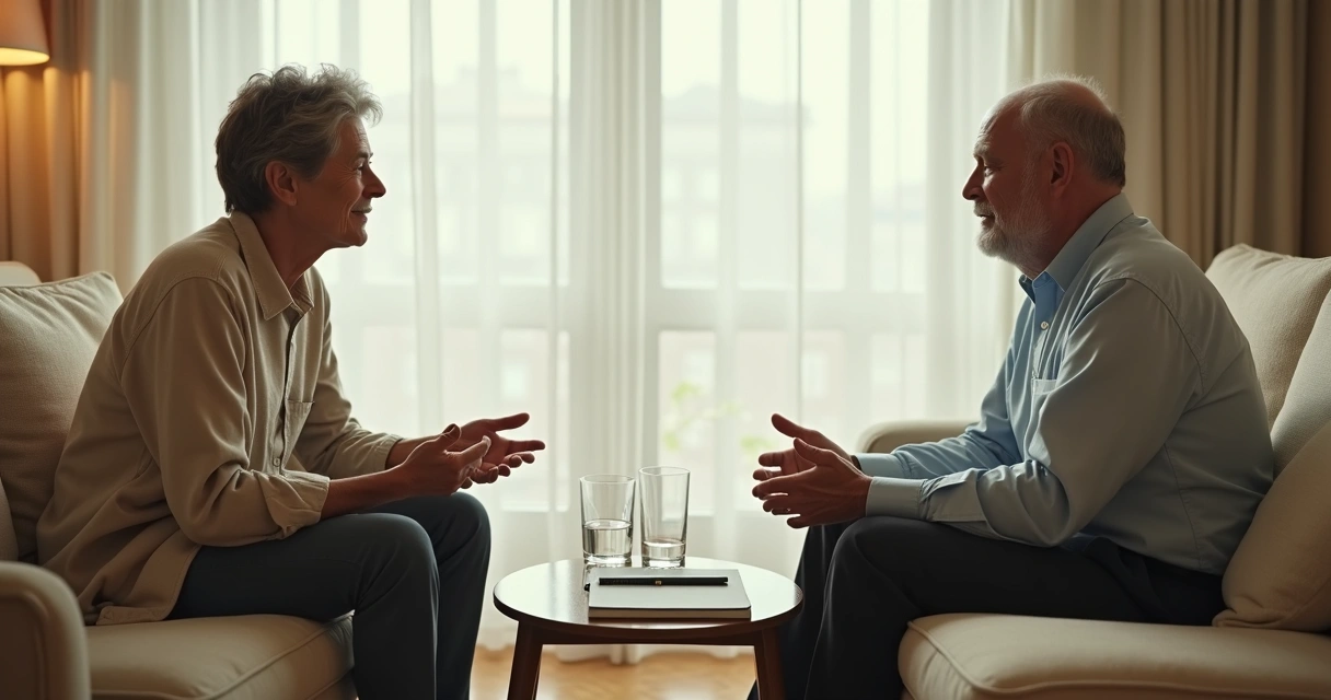 Dos personas conversando con calma y atención mutua en un espacio sereno 
