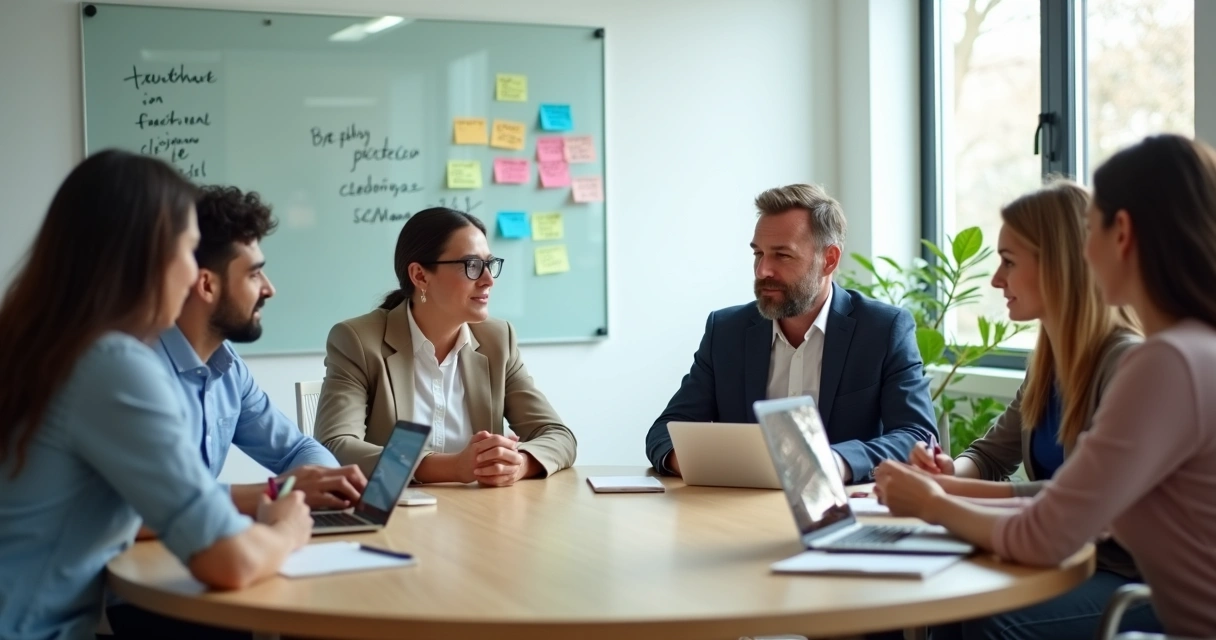 Equipe diversa em reunião de trabalho com diálogo aberto em mesa redonda 