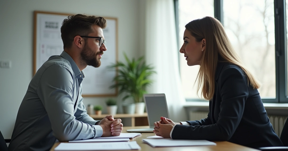 Dois colegas de trabalho conversando de frente, ambiente de escritório moderno. 