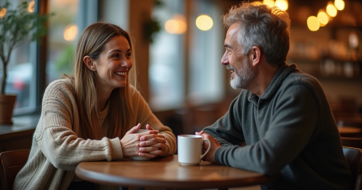 Dos personas dialogan suavemente en una mesa, ambiente relajado y cálido