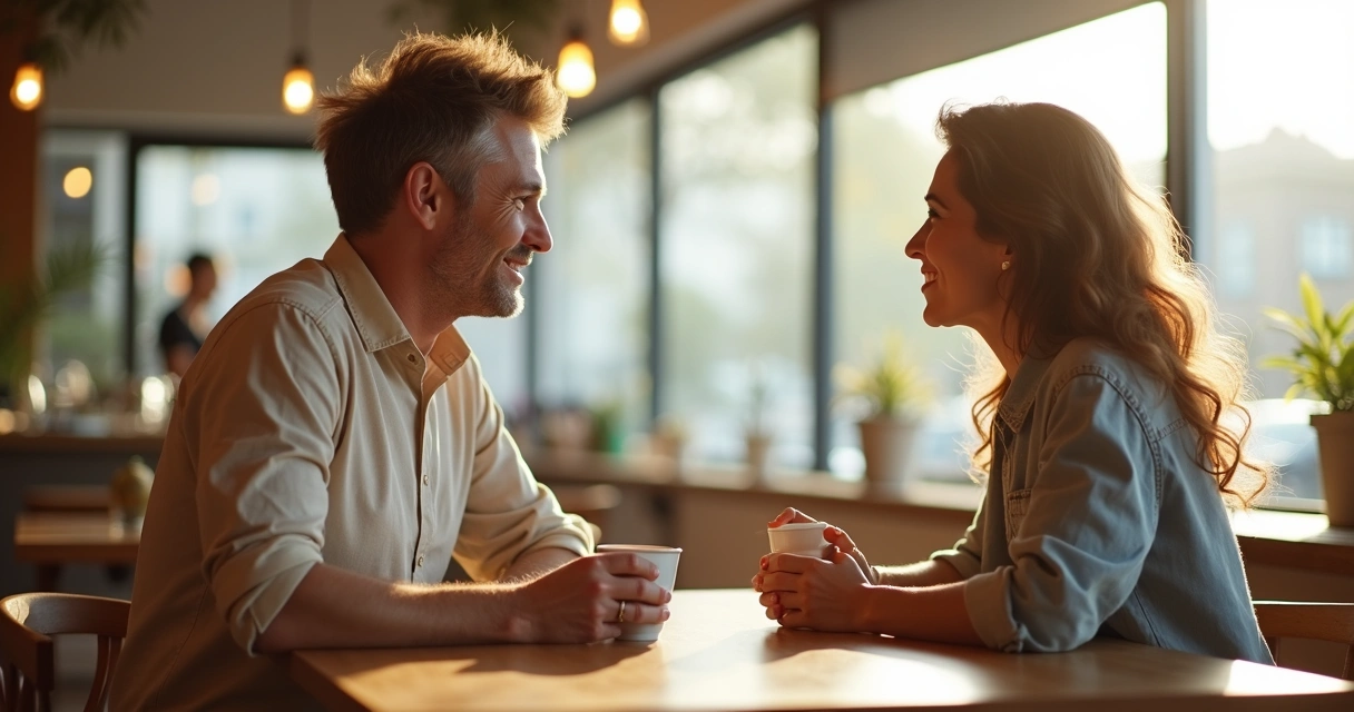 Dos personas conversando de manera respetuosa en una cafetería luminosa 