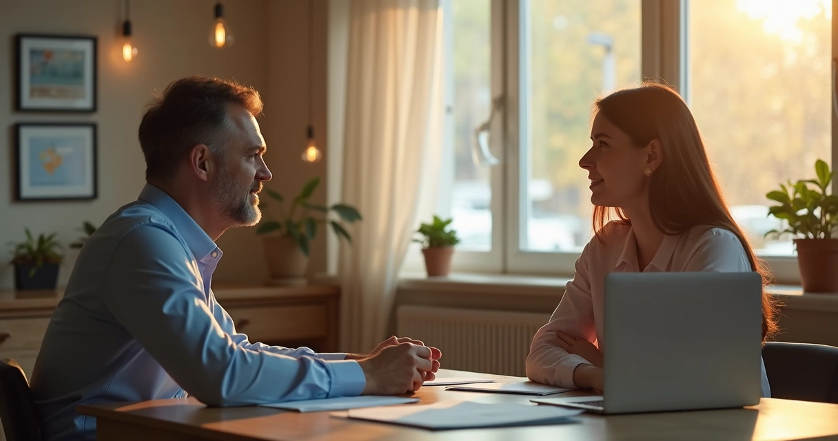 Duas pessoas conversando em um escritório iluminado, com tom sereno e postura aberta. 