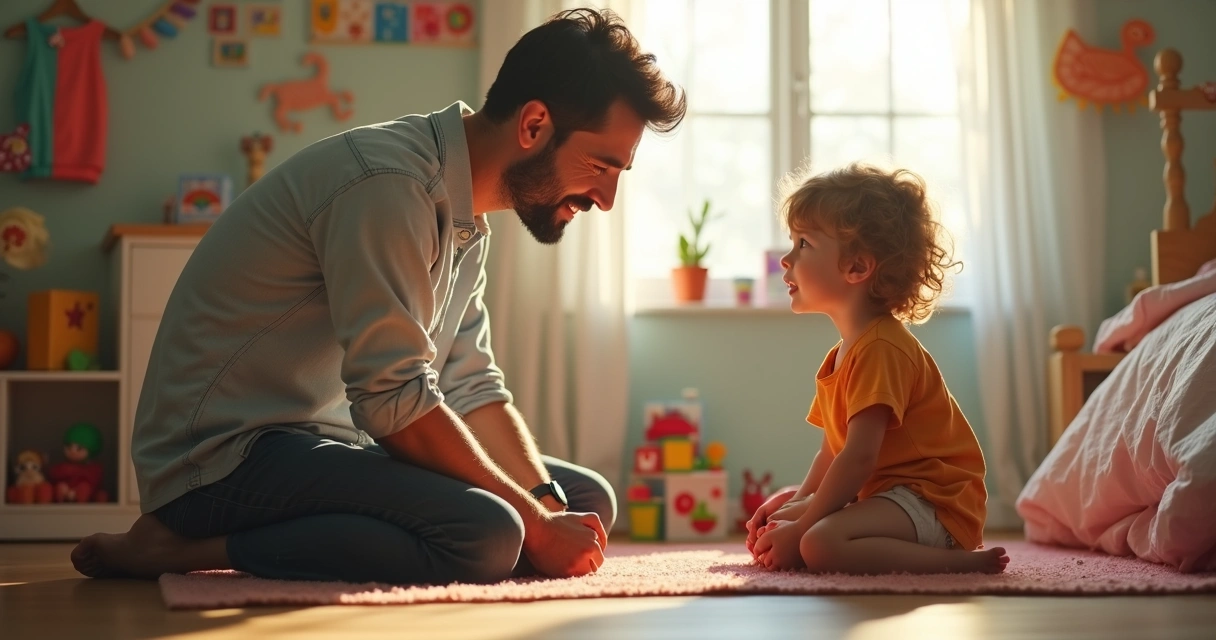 Pai ajoelhado conversando com uma criança ao nível do olhar num quarto infantil 