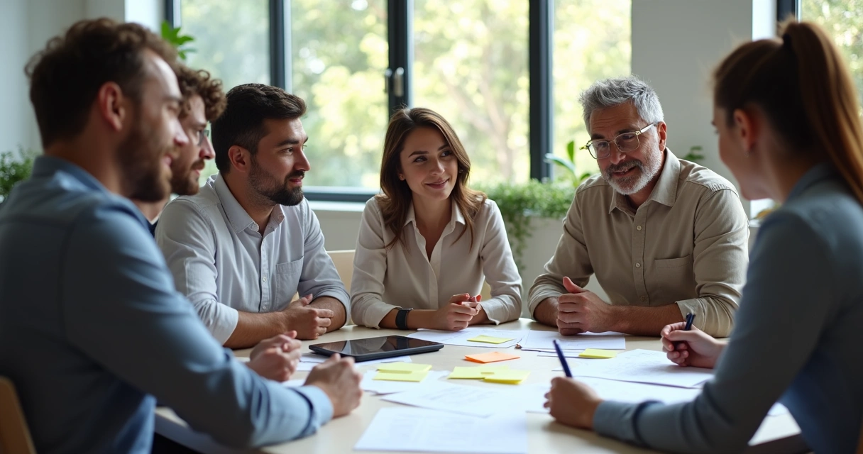 Colaboradores em círculo discutindo ideias em ambiente moderno 