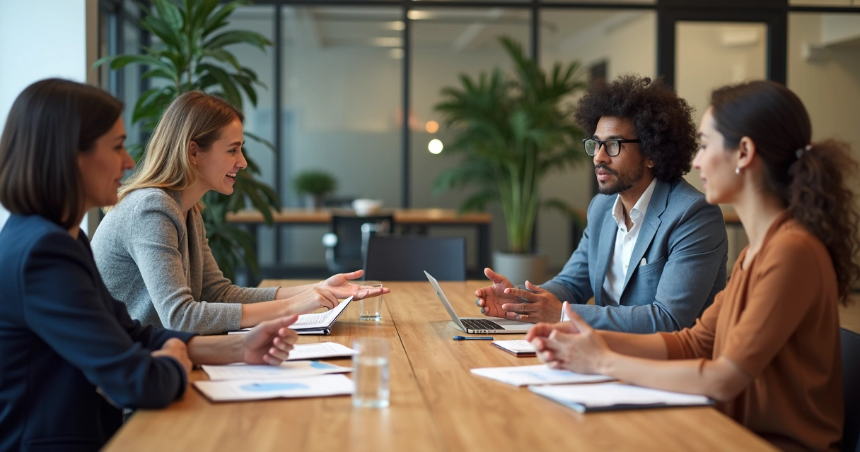 Equipe em conversa madura e respeitosa ao redor de mesa