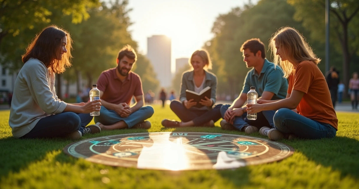 Grupo diverso conversando en un parque conectando decisiones éticas cotidianas 