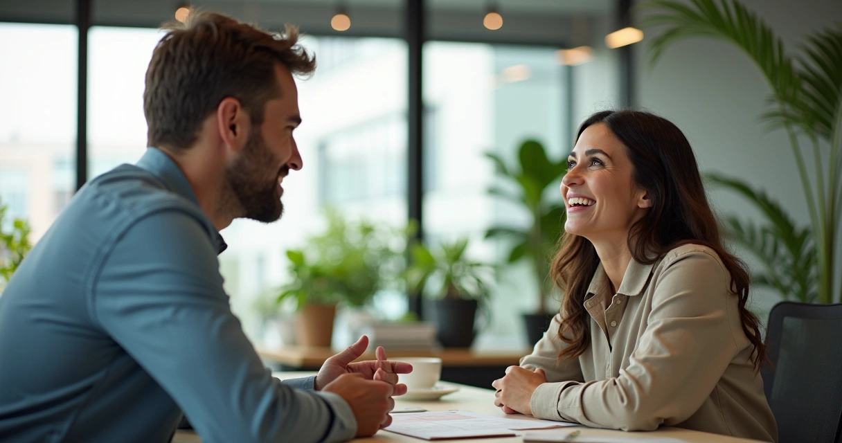 Duas pessoas conversando de maneira empática em um escritório moderno, demonstrando conexão e respeito mútuo. 