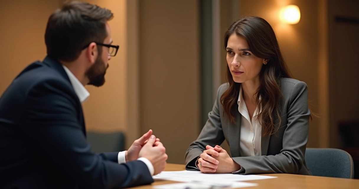 Duas pessoas conversando em sala, expressando emoções com calma.