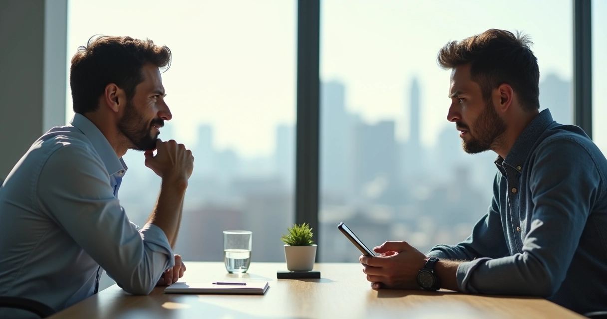 Duas pessoas conversando de forma calma em uma reunião profissional 