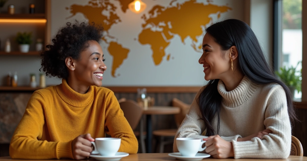 Duas pessoas de diferentes culturas conversando em uma mesa, sorridentes, com uma xícara de café cada
