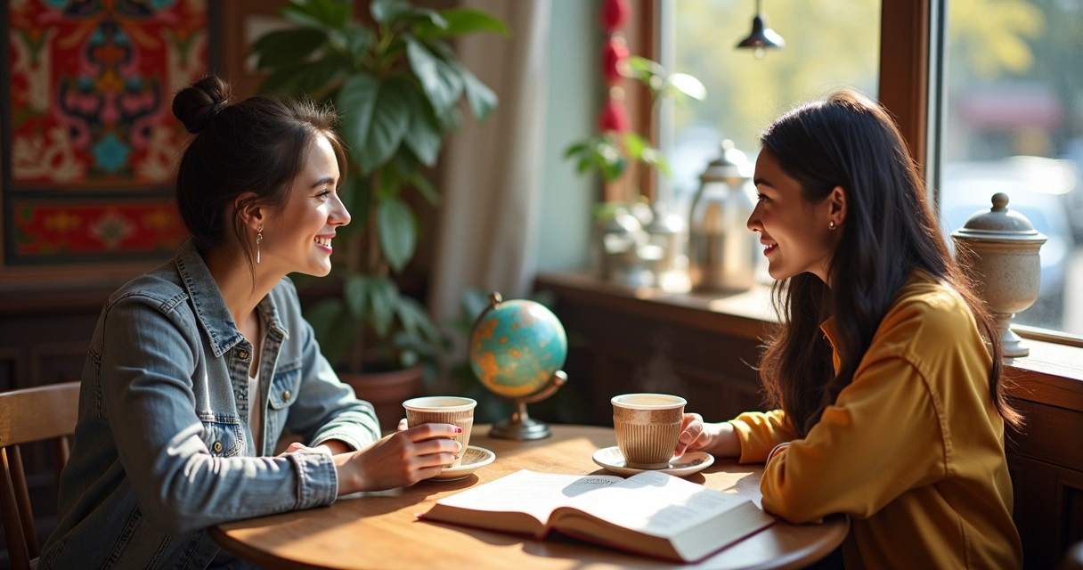 Dois amigos conversando em um café, com detalhes multiculturais 