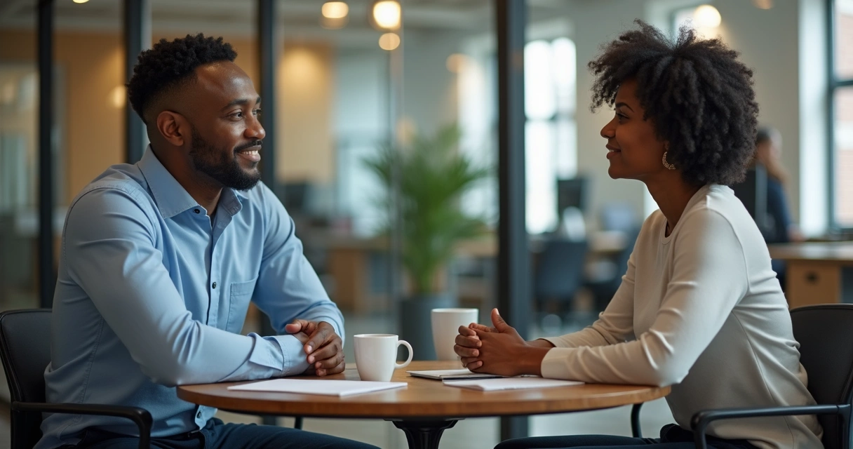 Dois colegas conversando com calma em ambiente corporativo multicultural