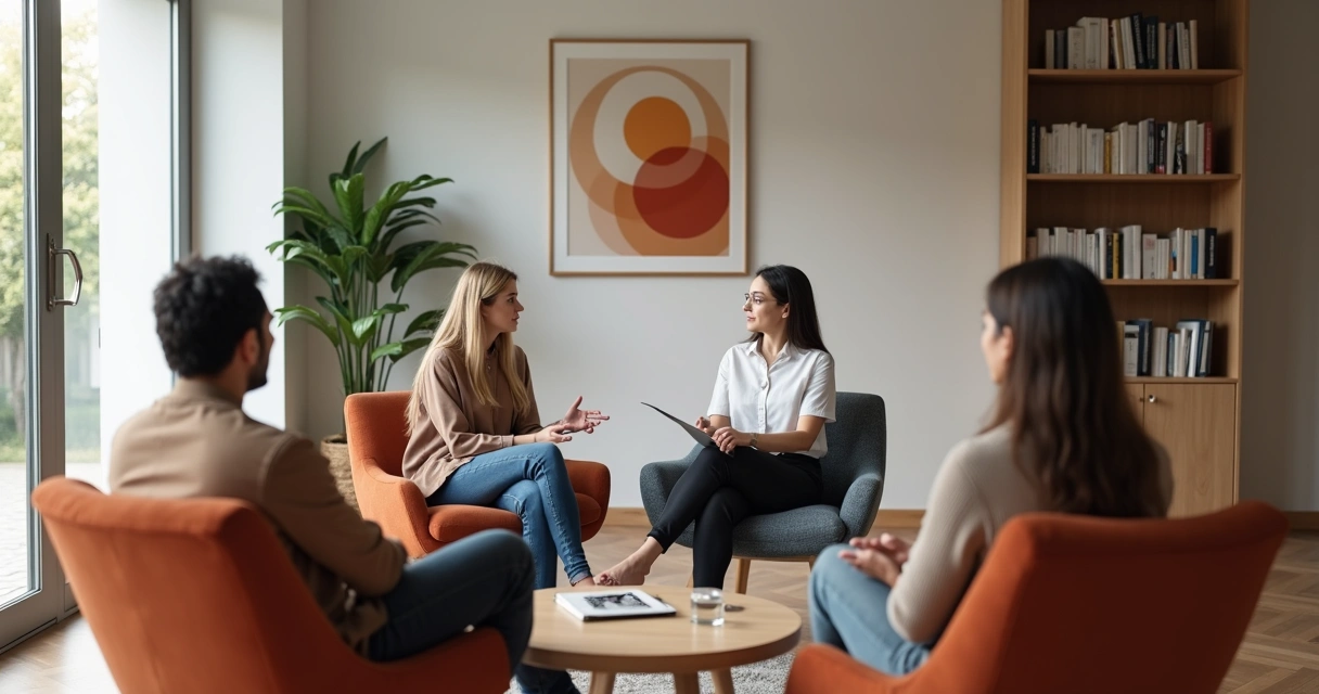 Psicóloga dialoga com três pessoas de origens culturais diversas em círculo em um escritório moderno 