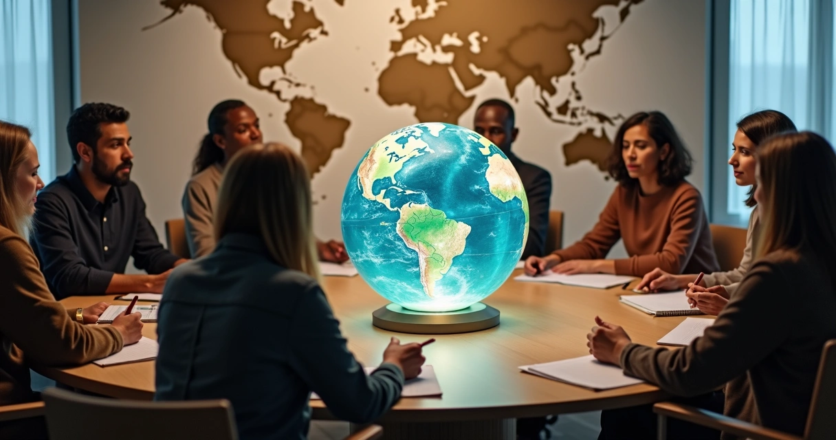 Grupo diverso em roda de conversa global com mapa mundi ao fundo 