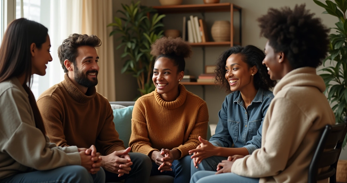 Cinco pessoas sentadas em círculo, de culturas diferentes, conversando e sorrindo em um ambiente acolhedor 