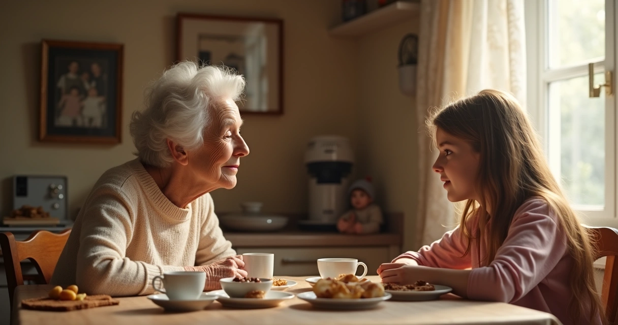 Abuela y nieta conversando en la mesa 