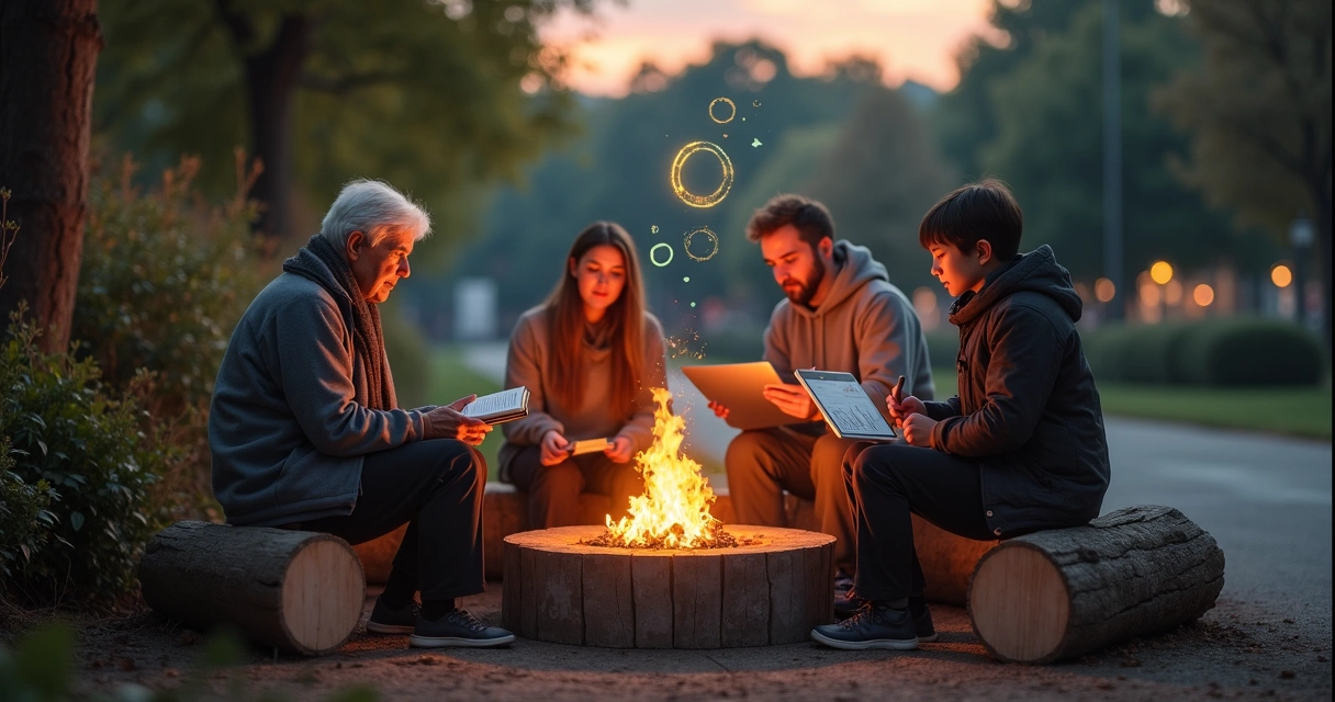 Tres generaciones conversando alrededor de una fogata en un parque al atardecer 