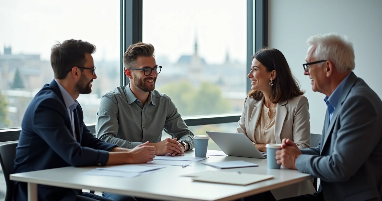 Jóvenes y adultos conversando amistosamente en una oficina moderna 