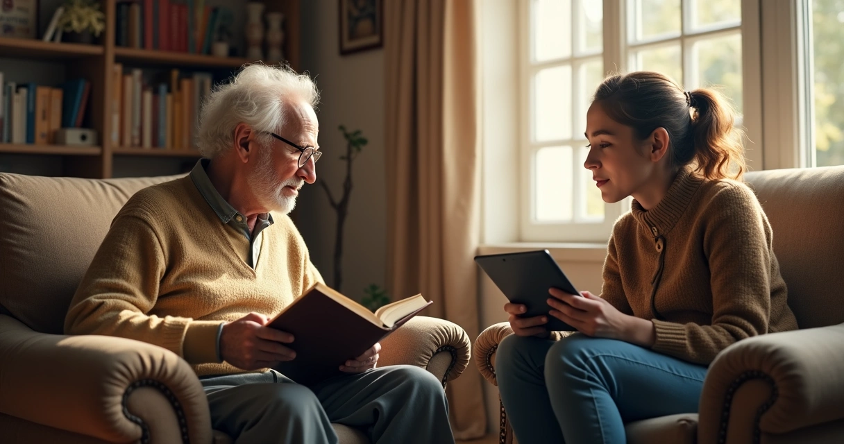 Duas pessoas de gerações diferentes conversando em uma sala de estar iluminada pela luz do sol, cada uma com roupas típicas de sua época, sentadas de frente uma para a outra em poltronas aconchegantes, ao fundo uma estante com livros antigos misturados a eletrônicos modernos 