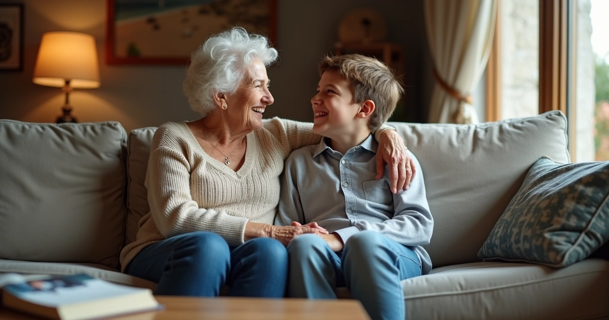 Avó e neto conversando próximos, sorrindo um para o outro num ambiente aconchegante 