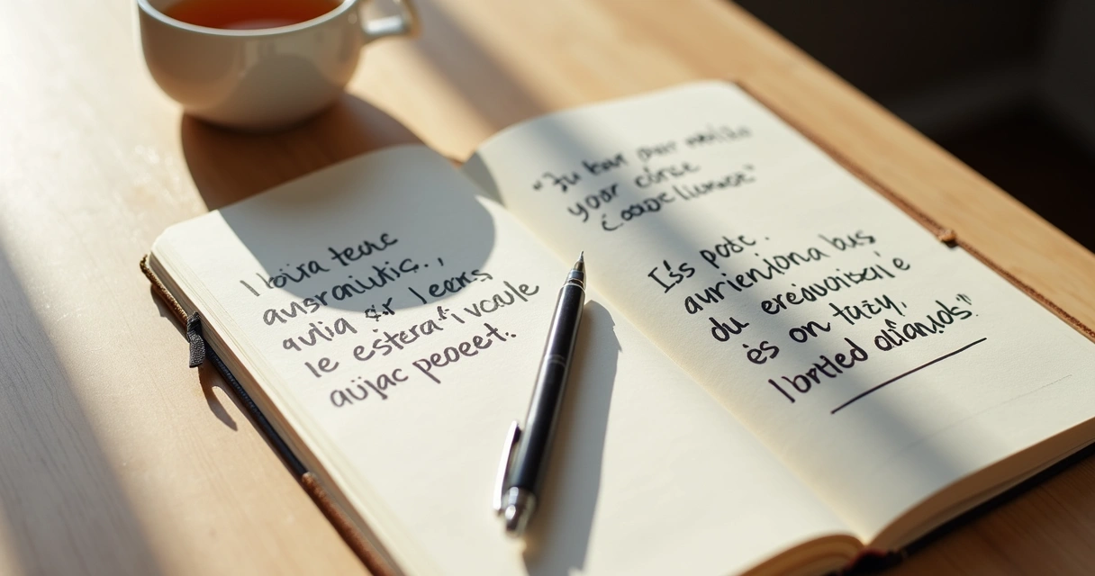 Cuaderno abierto con frases escritas a mano y una taza sobre la mesa
