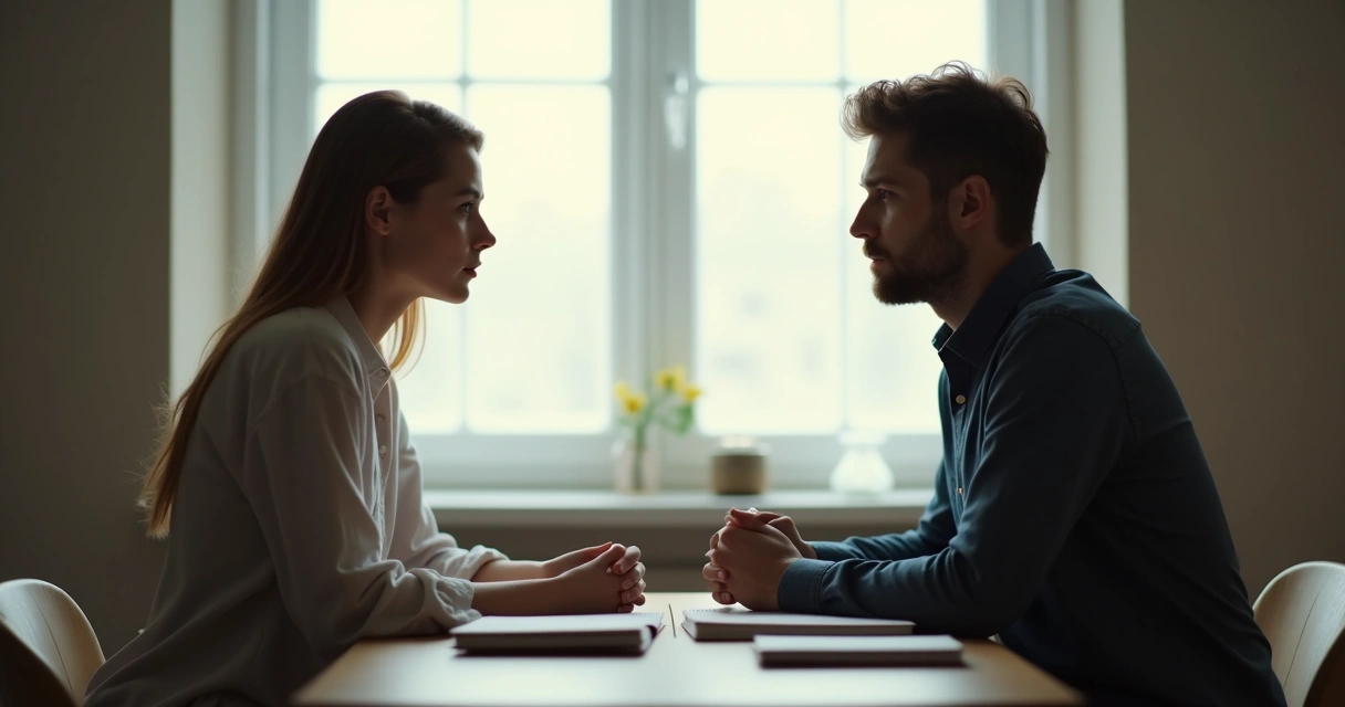 Duas pessoas sentadas frente a frente, representando o diálogo interno 
