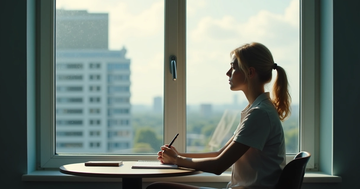 Persona sentada mirando por la ventana con expresión reflexiva 