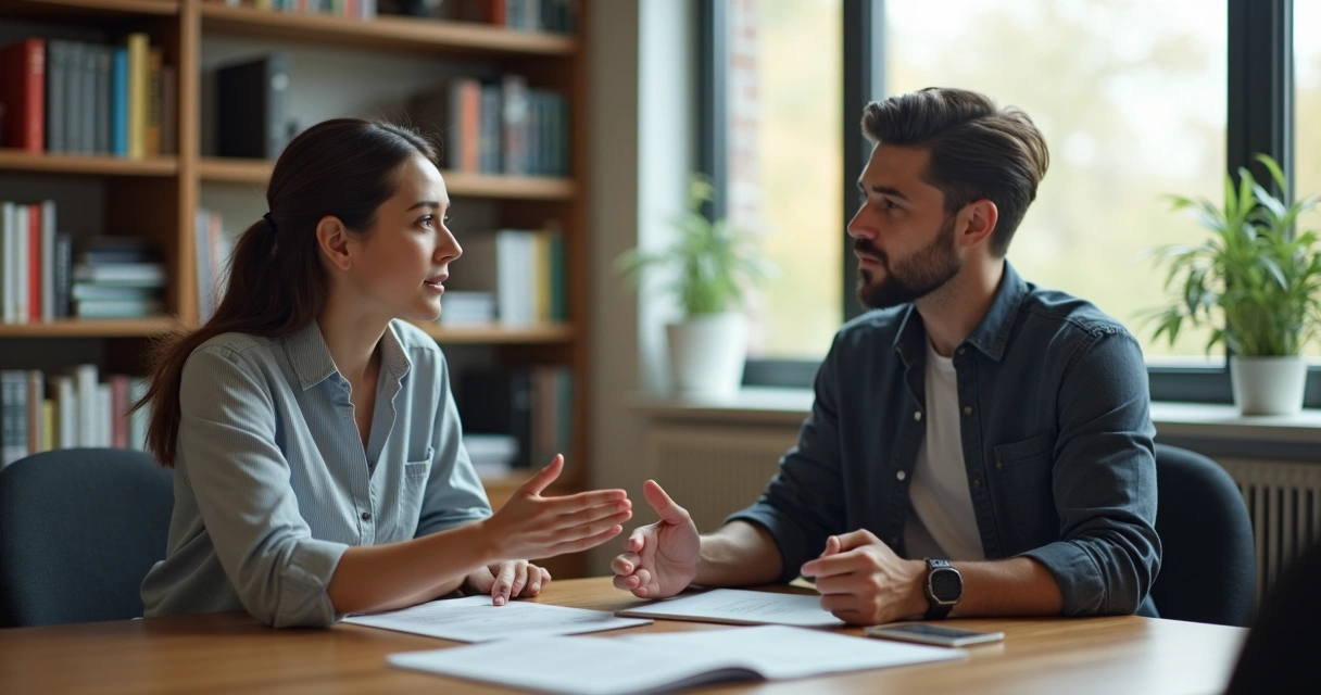 Duas pessoas conversando, uma escuta atentamente enquanto a outra fala 