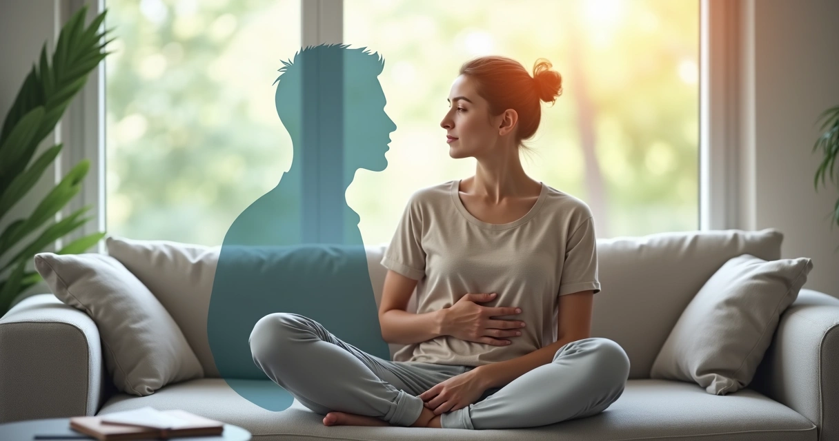 Pessoa sentada em reflexão com duas silhuetas de pensamento em harmonia 