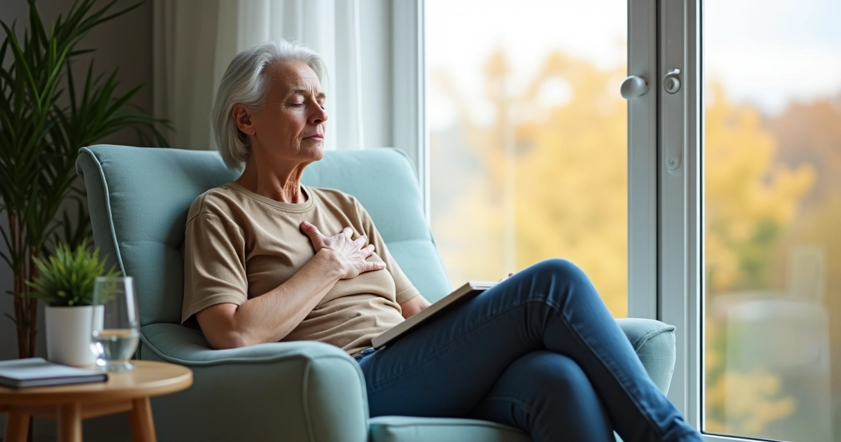 Pessoa sentada em reflexão diante de janela com gesto de acolhimento a si mesma 