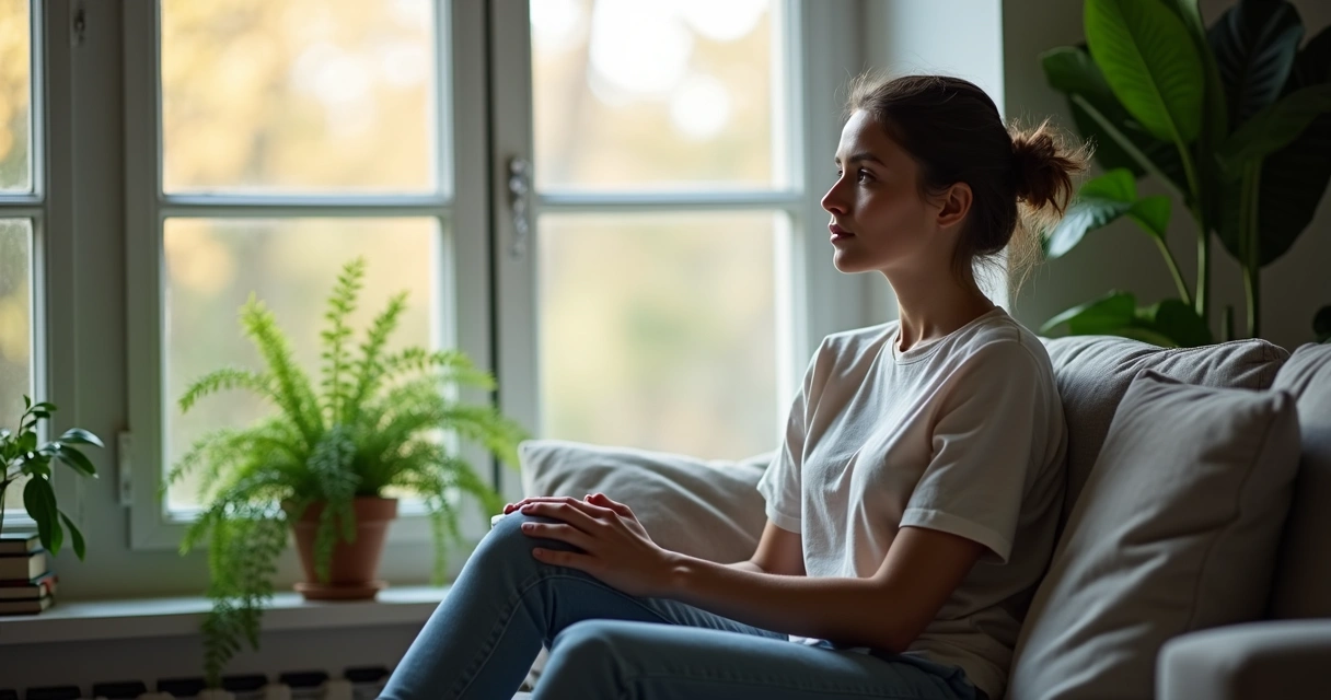 Pessoa pensativa olhando para janela, refletindo em silêncio 