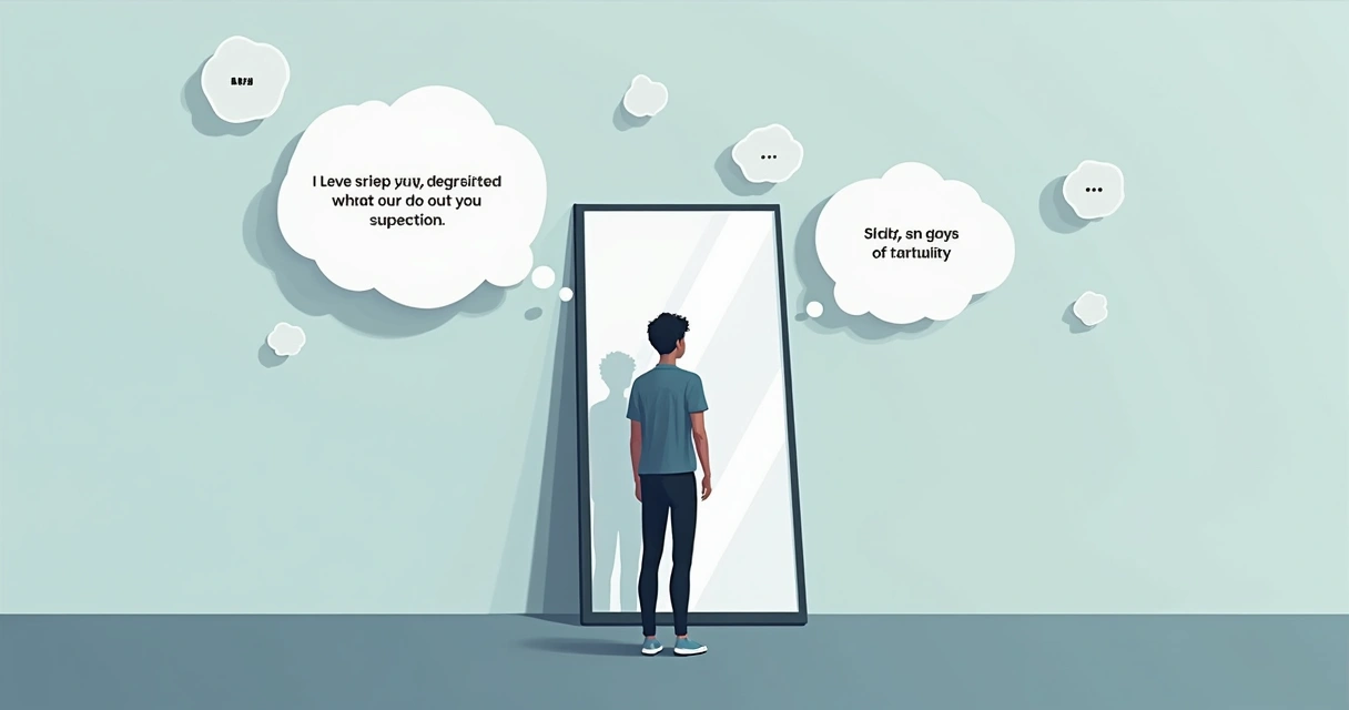 Desenho representando uma pessoa refletindo diante de um espelho, com pensamentos autocríticos ilustrados ao redor 