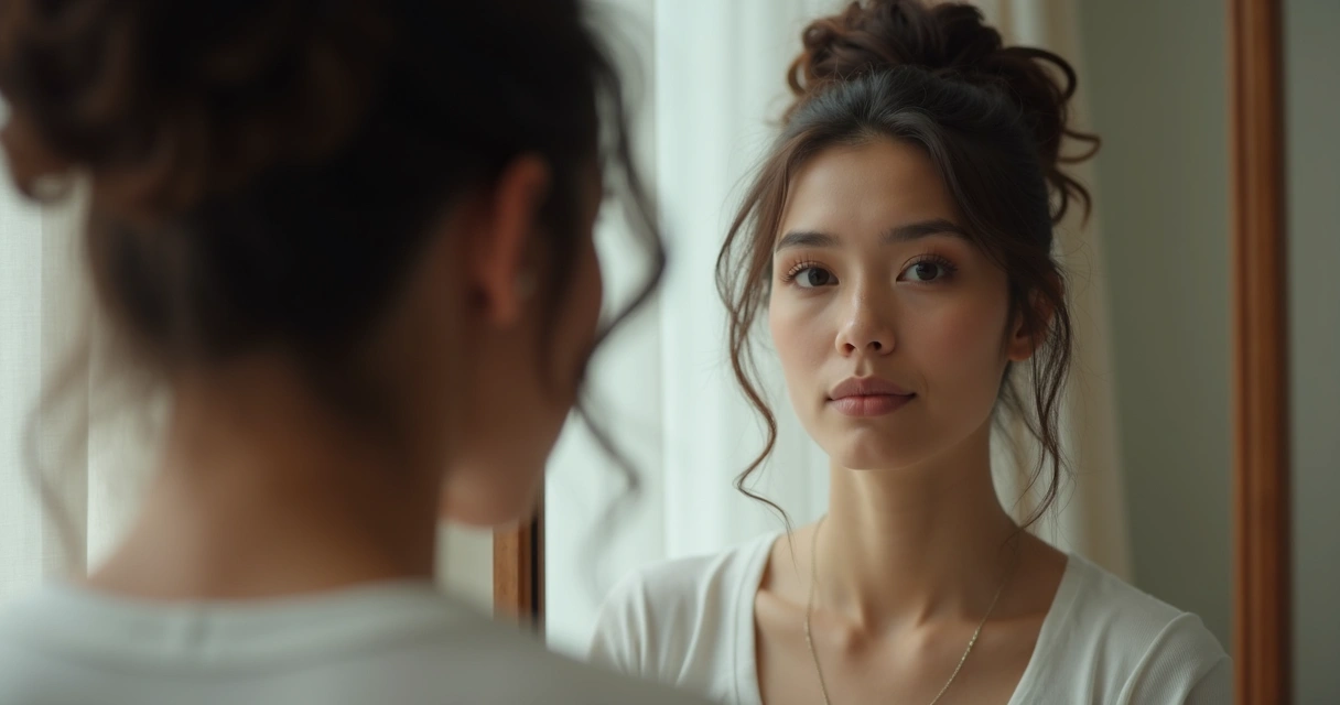 Pessoa diante do espelho olhando para si mesma de forma confiante 