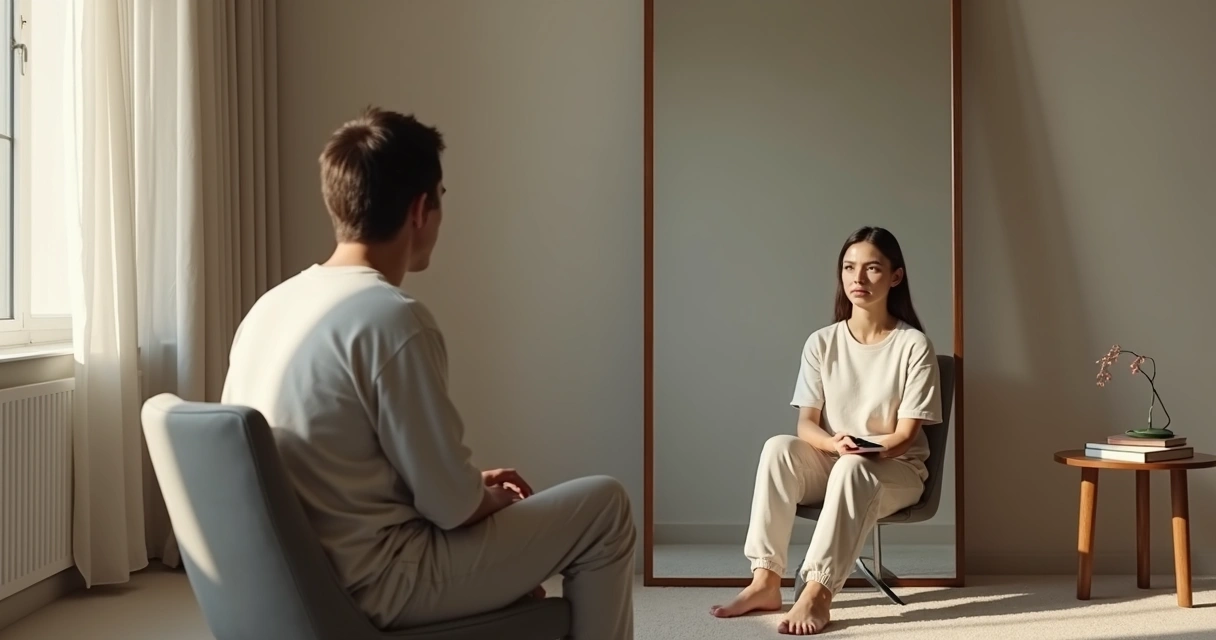 Pessoa refletindo diante de espelho com versão mais consciente de si mesma 