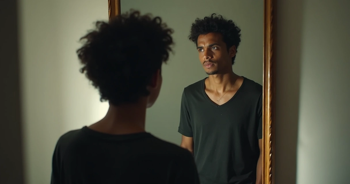 Pessoa refletindo diante do espelho, expressão pensativa, fundo neutro 