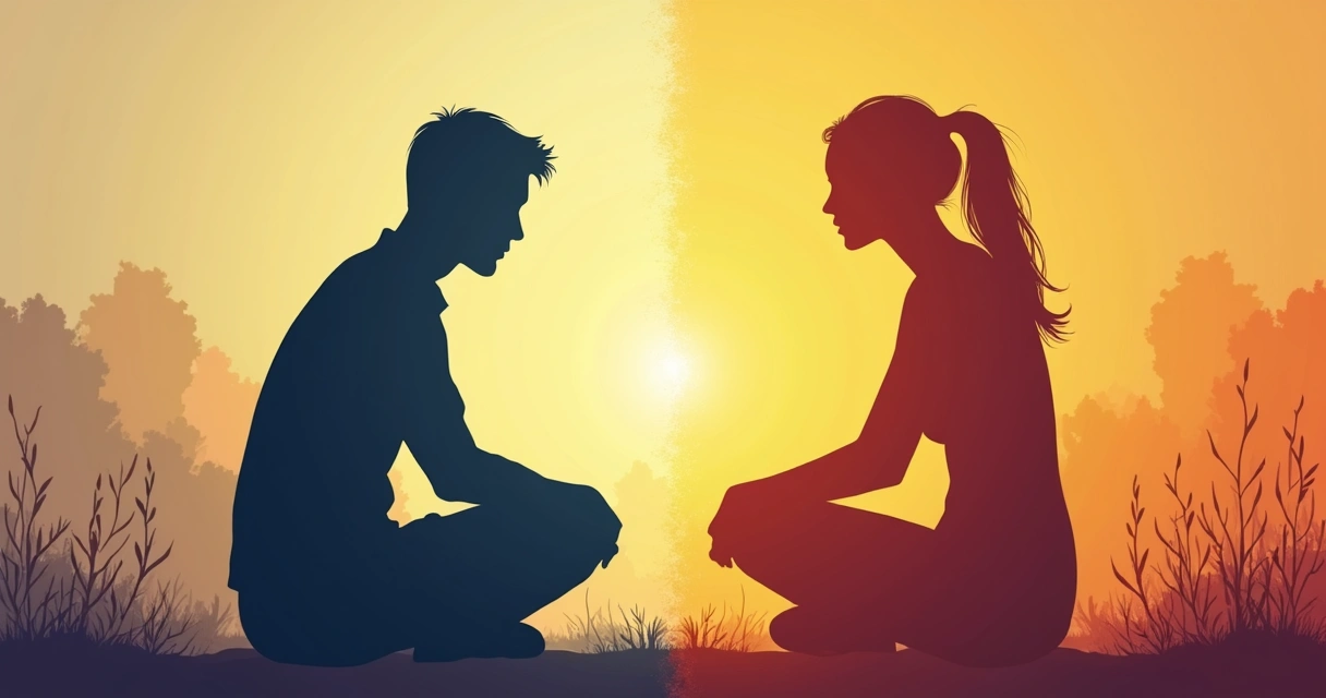 Dos siluetas sentadas frente a frente, una representa autocrítica y otra autocompasión