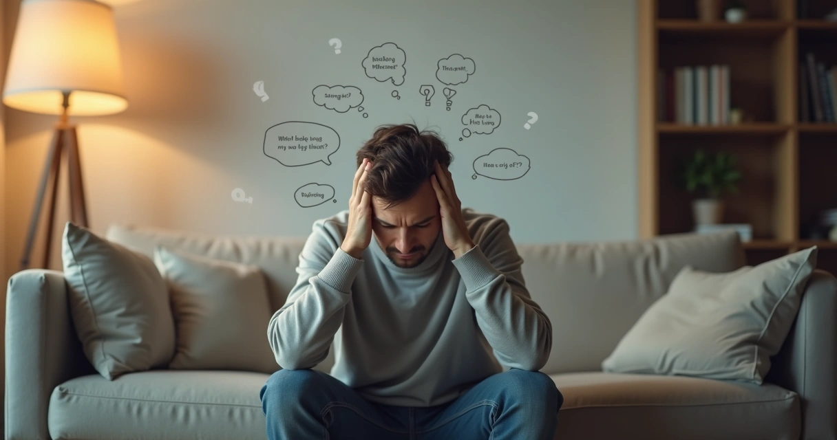 Persona sentada sosteniendo la cabeza rodeada de pensamientos confusos 