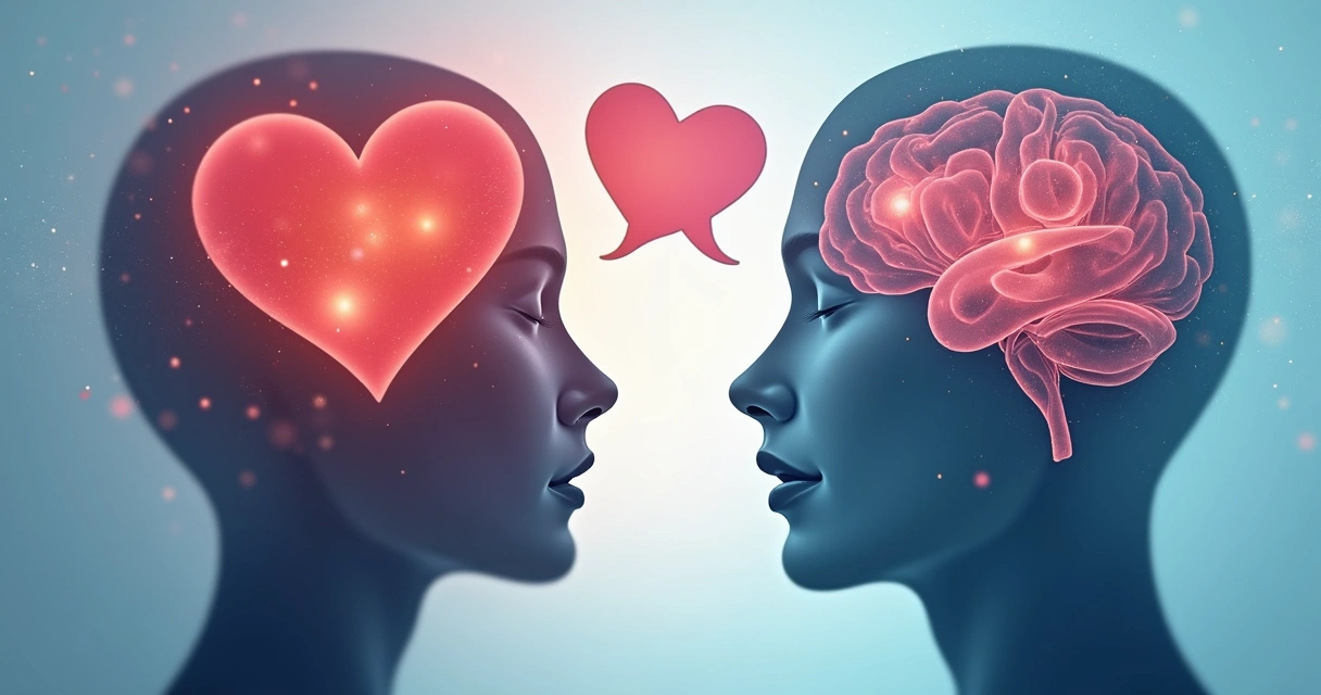 Diálogo interno representado por silhuetas de cérebro e coração conversando. 