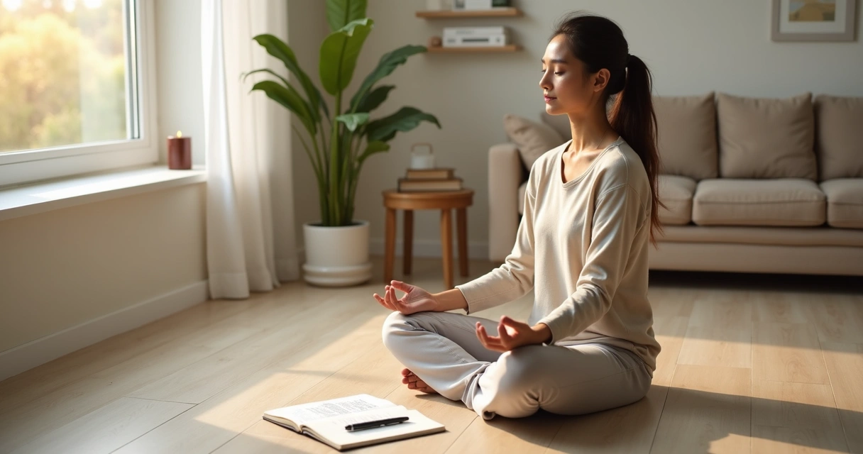 Pessoa meditando em casa com caderno de perguntas ao lado 