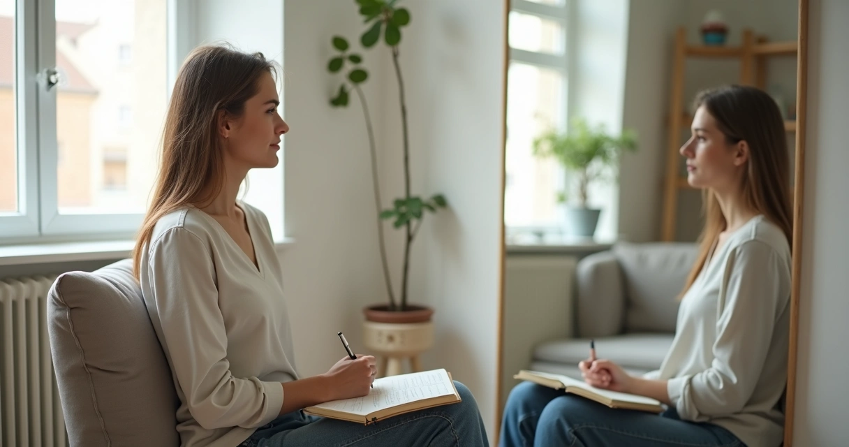 Persona sentada frente a un espejo dialogando consigo misma con expresión tranquila 