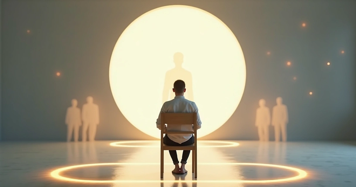 Pessoa refletindo diante de encruzilhada luminosa em ambiente calmo 